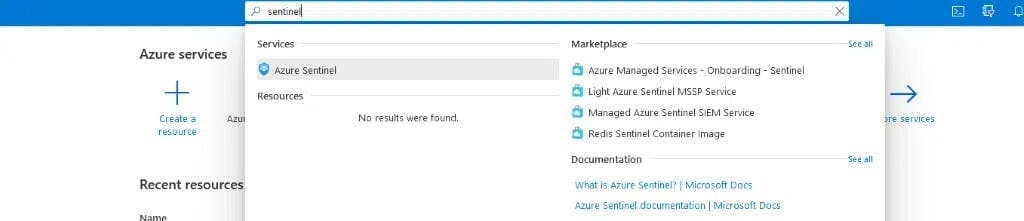 Screenshot of the Azure portal showing a search for "sentinel", resulting in a list of Azure Sentinel services and documentation links.