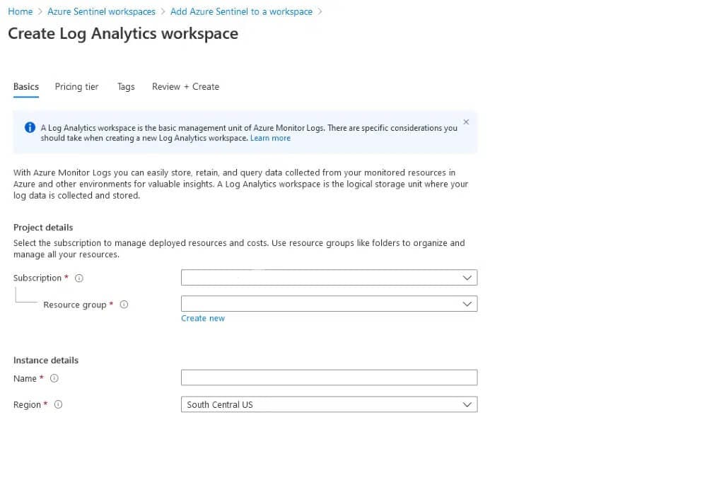 Screenshot of the Azure portal showing the form to create a new Log Analytics workspace. The form includes fields for subscription, resource group, name, and region.