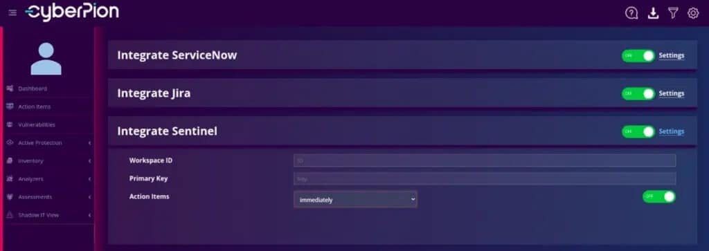 CyberPion dashboard showing integration settings for ServiceNow, Jira, and Sentinel, with options to enable or disable each integration and to configure settings for Sentinel integration.