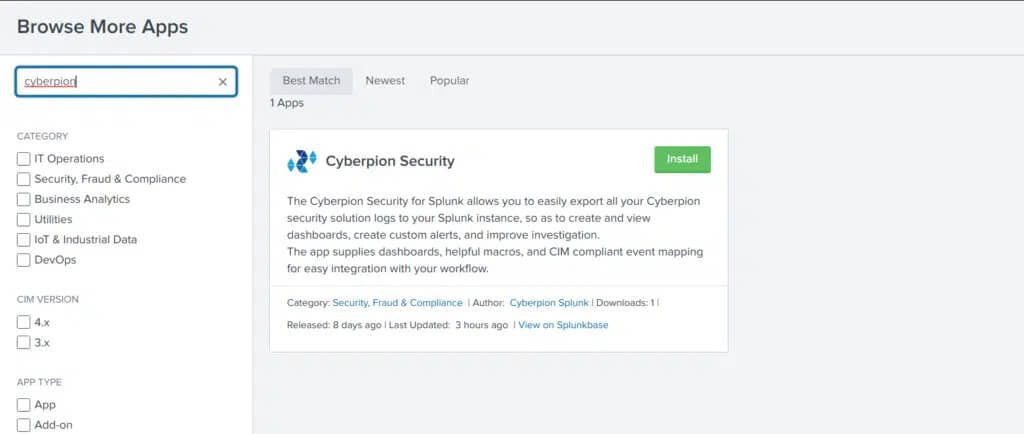 Screenshot of a Splunkbase app page showing the Cyberpion Security app for Splunk, with details about its features, downloads, and an install button.