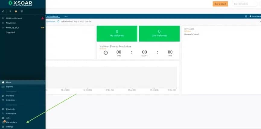 XSOAR dashboard showing zero incidents and tasks, a mean time to resolution of 00:00:00, and a navigation menu with options for Home, Reports, Incidents, Indicators, Playbooks, Automations, Jobs, Marketplace, and Settings.