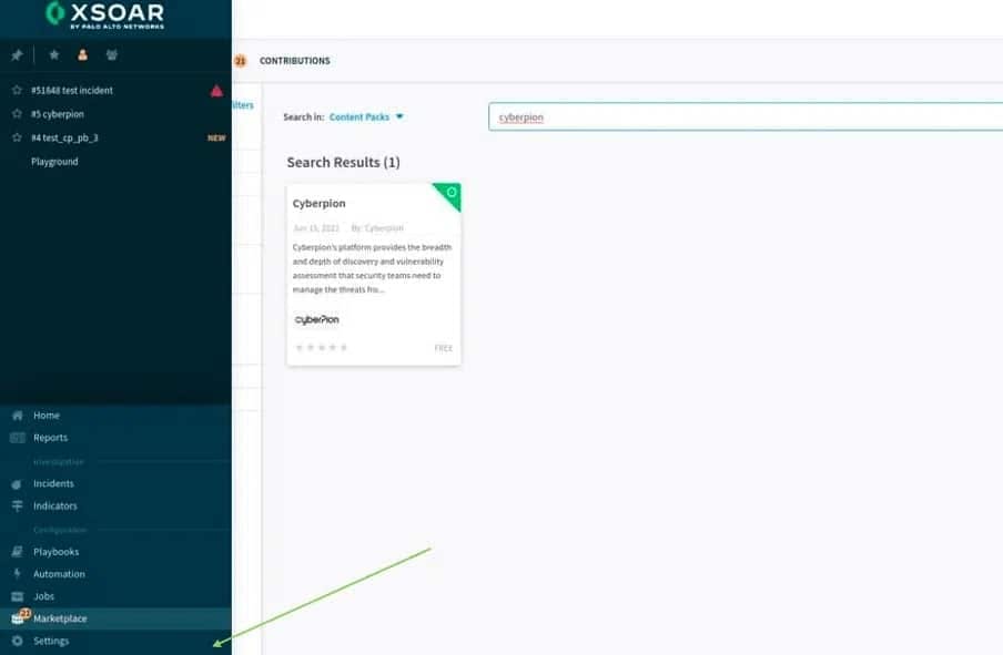Screenshot of the XSOAR marketplace showing search results for "Cyberpion", a free content pack offering discovery and vulnerability assessment.