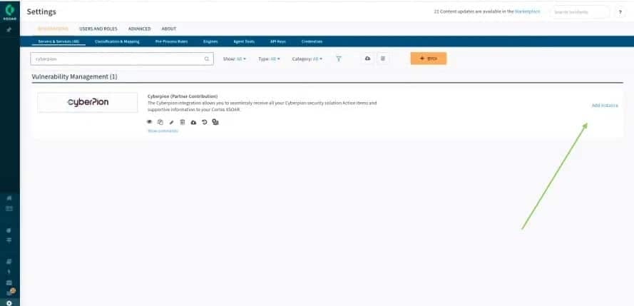 Screenshot of a vulnerability management section in a cybersecurity platform, showing an integration with Cyberpion, allowing seamless retrieval of security solution action items and supportive information.