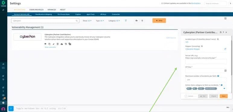 Screenshot of a vulnerability management settings page showing Cyberpion integration configuration options, including API key, server URL, and incident type settings.