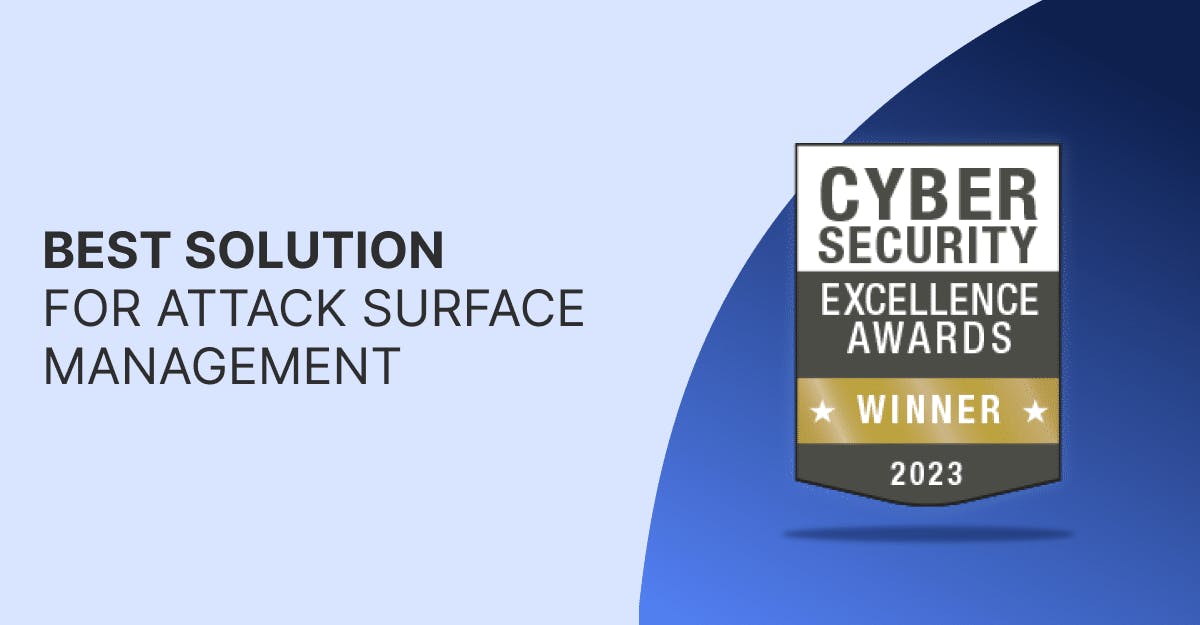 Award graphic announcing 'Best Solution for Attack Surface Management' winner of the 2023 Cyber Security Excellence Awards.