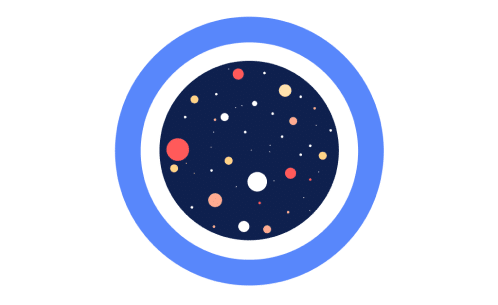 Abstract image of a dark blue circle filled with smaller circles of varying colors, representing stars, all encircled by a light blue ring on a green background.