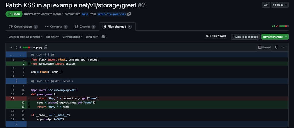 A screenshot of a GitHub pull request entitled, “Patch XSS in api.example.net/v1/storage/greet”. It includes a code snippet that escapes the user input to mitigate the vulnerability.