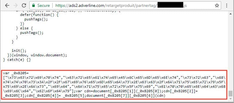 Screenshot of Javascript code containing hexadecimal values and a partially obscured URL, likely related to a retargeting product partner tag.
