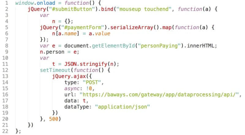 Code snippet showing a jQuery AJAX POST request to a URL, sending JSON data.