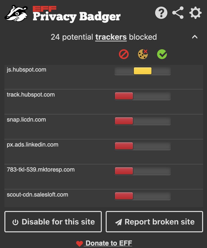 EFF Privacy Badger dashboard showing 24 trackers blocked, with a list of blocked trackers and options to disable for this site or report a broken site.