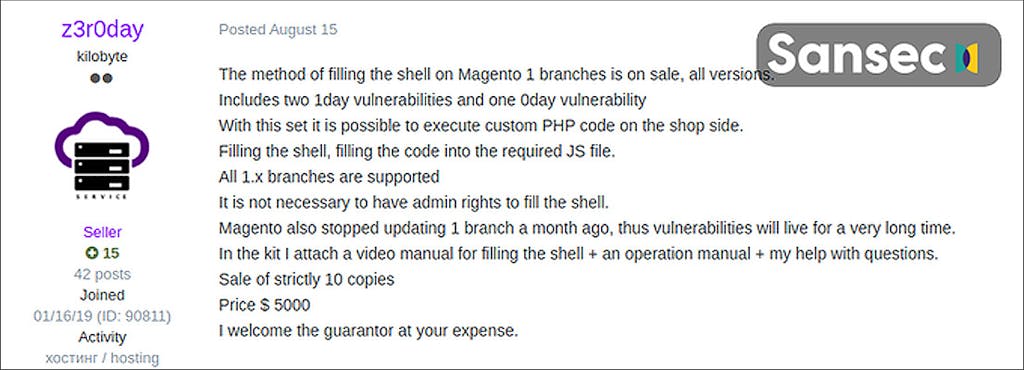Screenshot of a forum post offering a method for exploiting Magento 1 vulnerabilities for \$5000. The post includes details of the vulnerabilities, supported versions, and what's included in the sale.