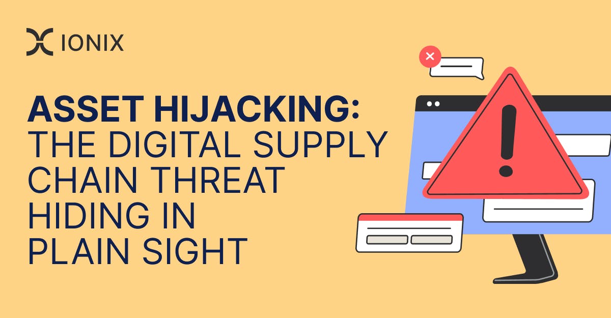 Graphic of a computer screen with a red warning triangle over it, illustrating the concept of asset hijacking as a digital supply chain threat.