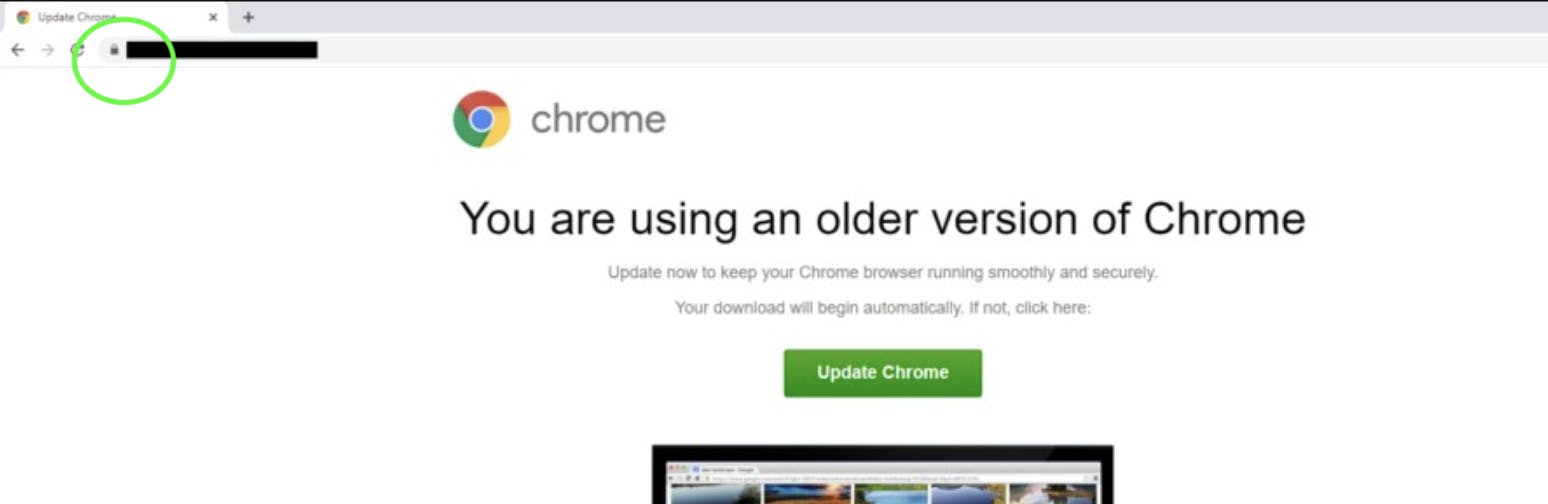 Chrome browser update prompt: A webpage informs the user that they are using an outdated version of Chrome and prompts them to update to maintain optimal performance and security.