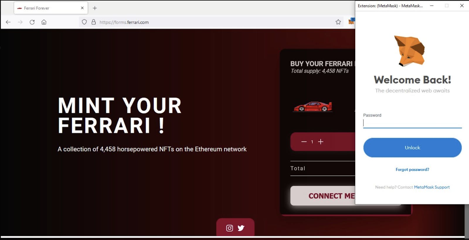 MetaMask login popup over a website promoting the minting of 4,458 Ferrari NFTs on the Ethereum network