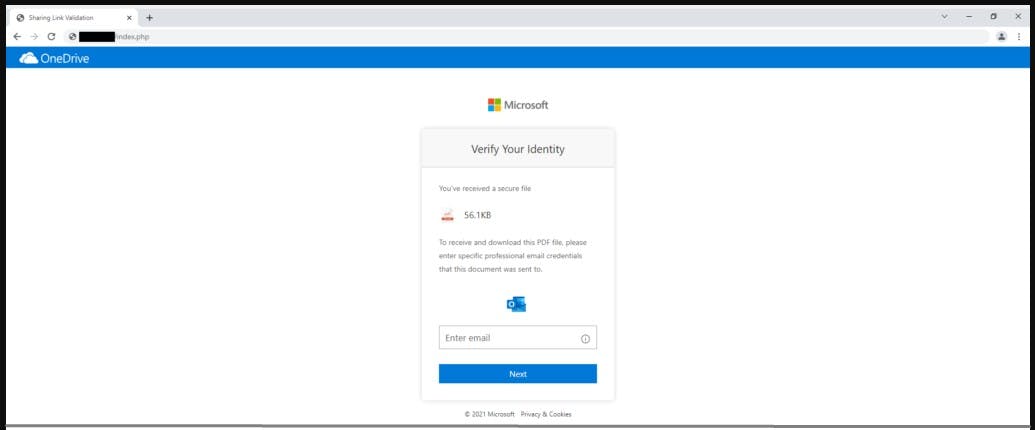 Microsoft OneDrive webpage prompting for email verification to download a 56.1KB PDF file.