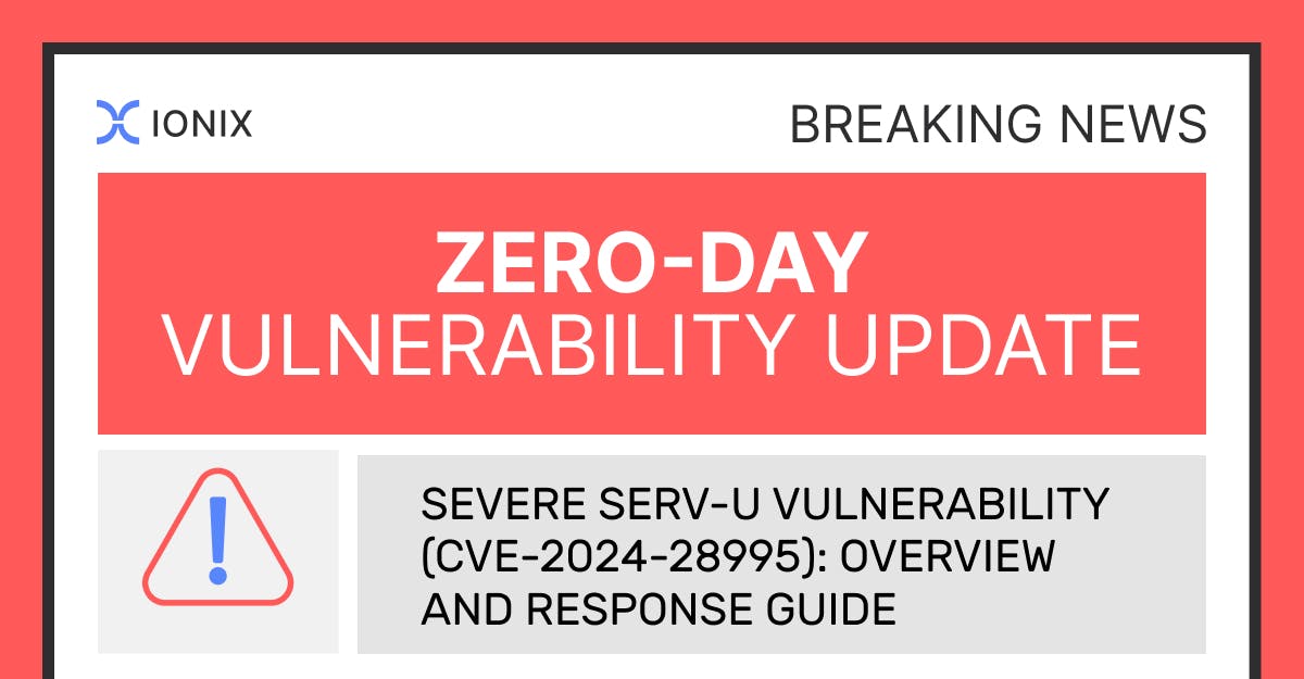 Breaking news alert from Ionix about a zero-day vulnerability update for a severe Serv-U vulnerability (CVE-2024-28995), providing an overview and response guide.