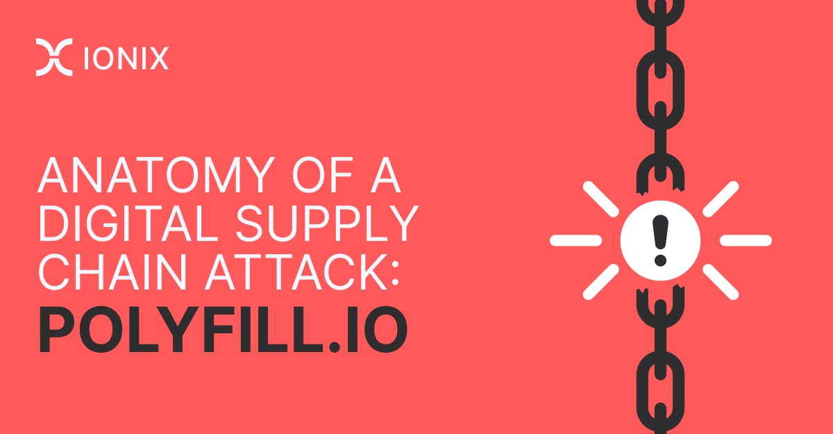 Diagram showing a broken chain link representing a digital supply chain attack on Polyfill.io, with an exclamation point highlighting the vulnerability.