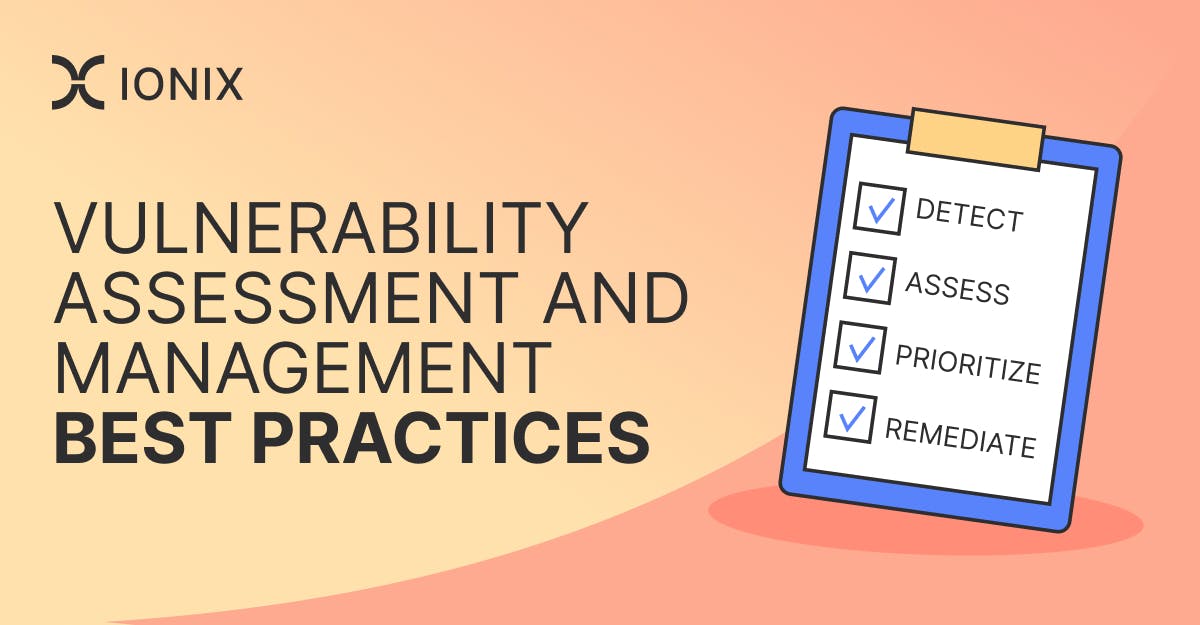 Illustration of vulnerability assessment and management best practices, showing a checklist with steps to detect, assess, prioritize, and remediate vulnerabilities.
