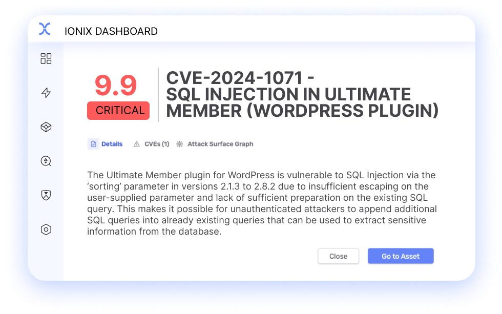 IONIX dashboard displaying a critical security vulnerability (CVE-2024-1071) in the Ultimate Member WordPress plugin due to SQL injection via the 'sorting' parameter. The vulnerability allows unauthenticated attackers to extract sensitive information.