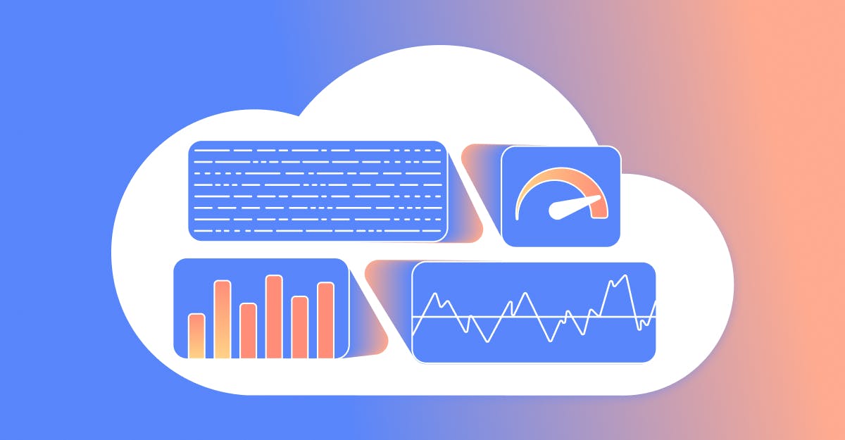 Cloud-based data dashboard displaying various performance metrics, including bar graphs, line charts, and a speedometer.