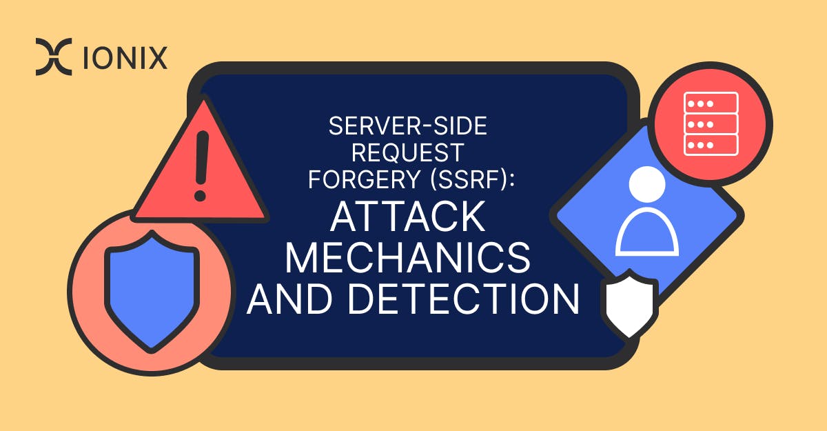Diagram showing server-side request forgery (SSRF) attack mechanics and detection, including warning signs, security measures, and user and server icons.